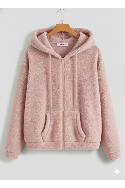 KVİNS Oversize Basic Sherpa Peluş Sweatshirt Ceket Kışlık Tüylü Fermuarlı Hoodie -Peluş Hırka