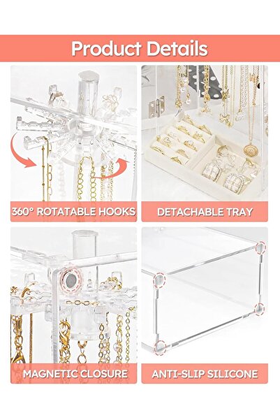 Yelajoy 24-Hook Acrylic Necklace Holder Organizer with Detachable Velvet Tray