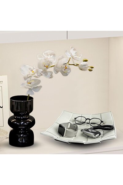 NALACAL Valet Tray Desktop Storage Organizer - PU Leather Reversible Key Holder Bowl (Black/White)