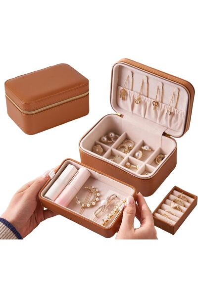 KASTWAVE Portable Travel Jewelry Organizer Case, PU Leather Two-Layer Jewelry Box