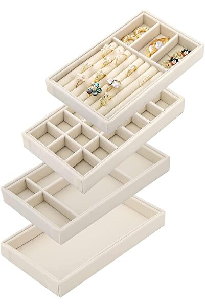 Bukela Jewelry Trays Organizer Set for Drawers, Stackable Inserts, 4-Piece (Beige)