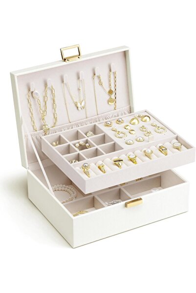 VLANDO 2 Layer Jewelry Box Large Jewelry Organizer for Women (Cream White)