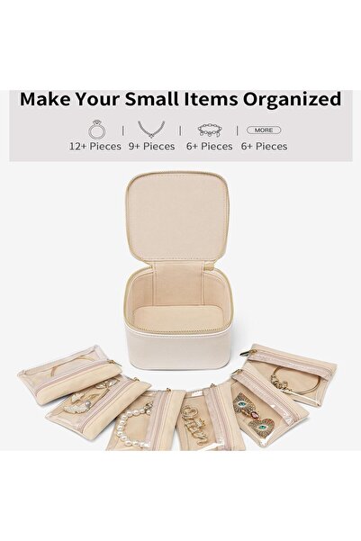 X SPRING Xspring Small Jewelry Box Organizer, 6 Velvet Zipper Pockets, Travel Jewelry Case