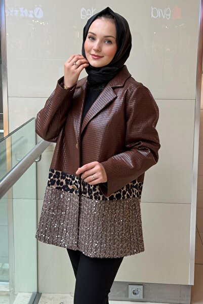 Ghisa Square Patterned Leather Jacket with Sequins and Leopard Detail