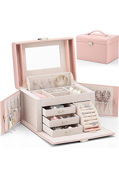 VLANDO صندوق مجوهرات، منظم مجوهرات متوسط الحجم من الجلد الصناعي - وردي (نمط م...