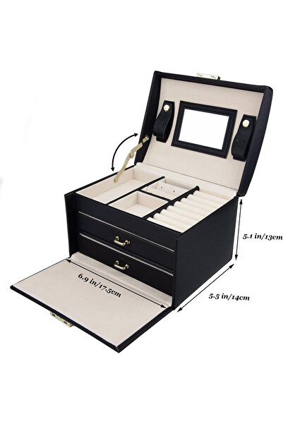 ZERIFAM 3-Layer Jewelry Box with Mirror, PU Leather Organizer, Removable Tray, 17.5x14x13cm Black