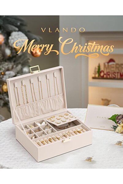VLANDO 2 Layer Jewelry Box Large Jewelry Organizer for Women (Cream White)