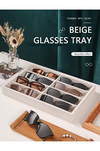 EXCEFORE Beige Velvet Sunglasses Organizer Tray, 8 Grids, Stackable (2 Pack)