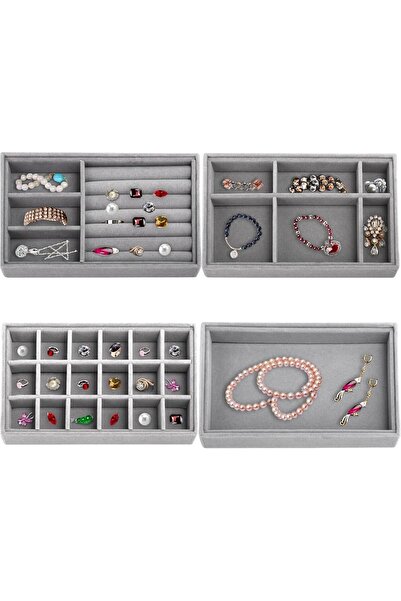 HOUSLET 4 Pcs Stackable Velvet Jewelry Tray Organizer Drawer Inserts (Grey)