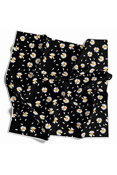 VİOLLA Kristal Papatya Desenli Desenli Siyah Renkli 90x90 Eşarp (İpek İçermez...