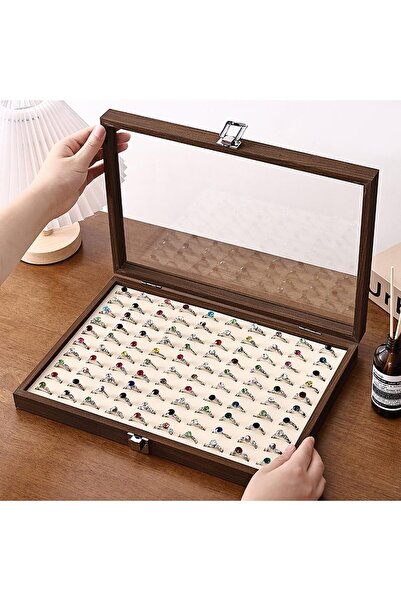 Generic 100-Slot Ring Display Case, Walnut Wood Box with Glass Lid, Jewelry Organizer with Flannelette Mat