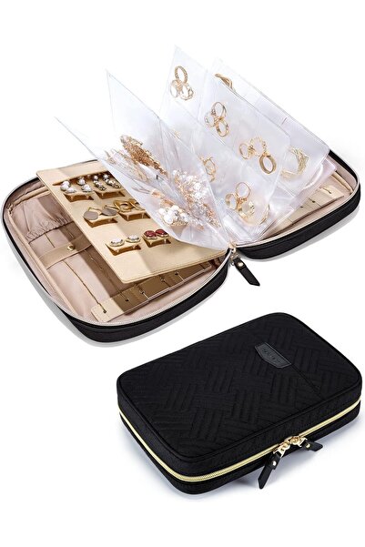 EXCEFORE Travel Jewelry Organizer Case Clear Booklet Zipper Pouch - Soft Black