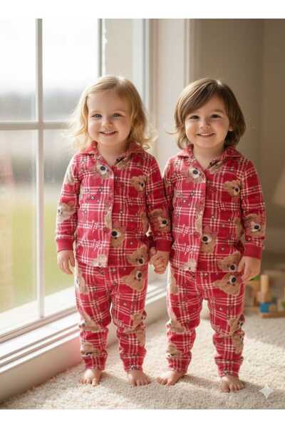 zavera for kids Children's Unisex Teddy Bear Detailed Pajama Set - 100% Cotton