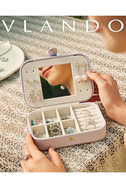 VLANDO صندوق مجوهرات للسفر للنساء مصنوع من جلد البولي يوريثان، منظم مجوهرات من طبقتين - وردي منسوج