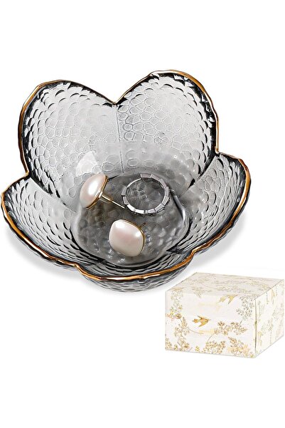 Binoster Glass Flower Trinket Dish - Grey (9cm)