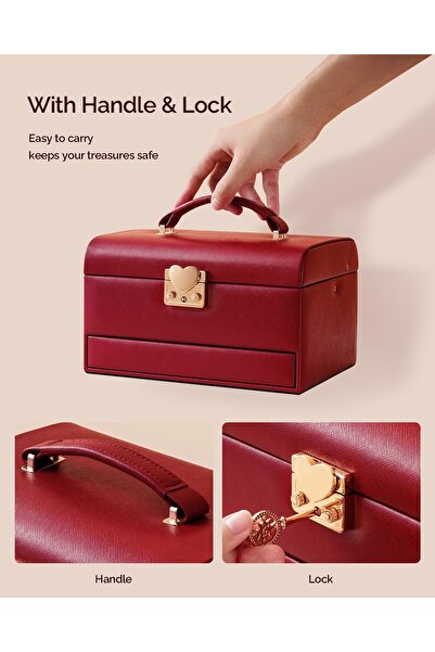 CASEGRACE Jewelry Box, 3-Layer Leather Jewelry Storage Box (Red)
