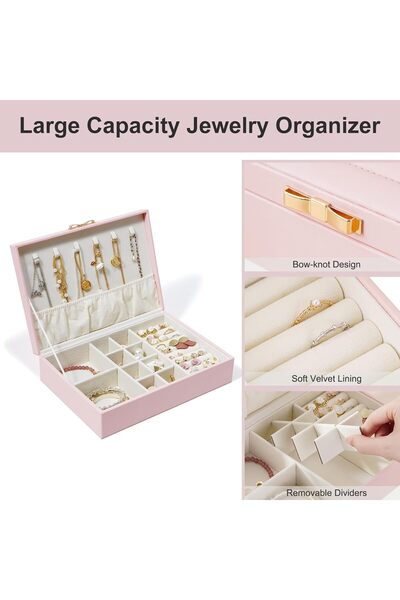 X SPRING Women's Jewelry Box Storage, Pink PU Leather Multi-Compartment