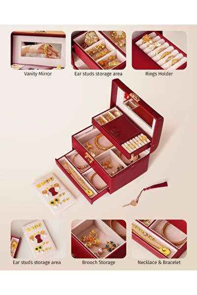 CASEGRACE Jewelry Box, 3-Layer Leather Jewelry Storage Box (Red)