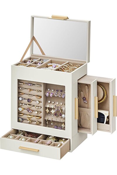SONGMICS صندوق مجوهرات بنافذة زجاجية، منظم من 5 طبقات، أبيض سحابي وذهبي معدني