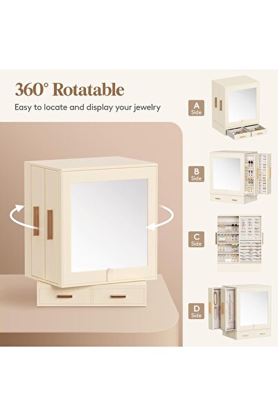Lifewit 360° Rotating Jewelry Box with Mirror, 6-Drawer Organizer - Creamy