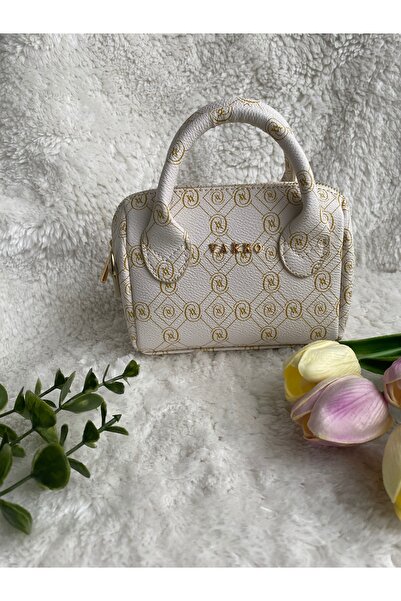 NUR LUCIA Geantă de mână pentru femei, mini, Speedy, albă cu detalii aurii