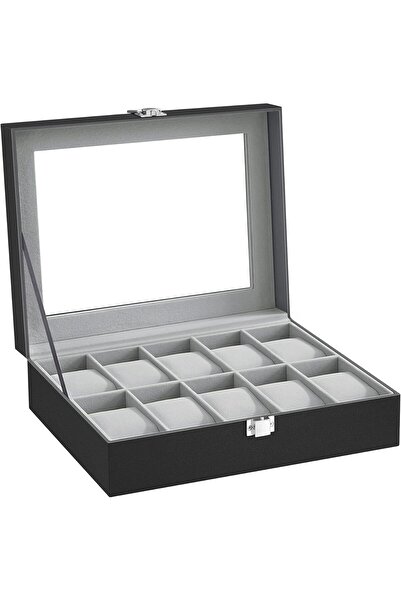 SONGMICS Watch Box with 10 Compartments, Glass Lid, Removable Cushions, Velvet Lining, Gray