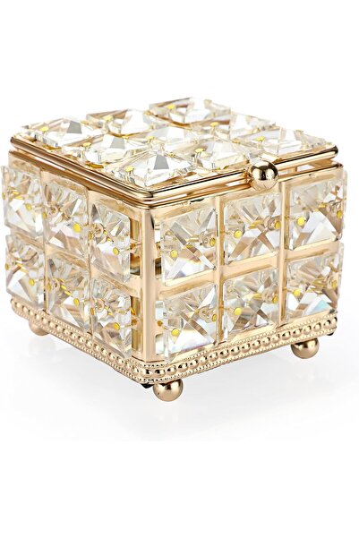 AZONEE صندوق مجوهرات كريستالي مربع - منظم ذهبي عتيق للخواتم والأقراط والهدايا...