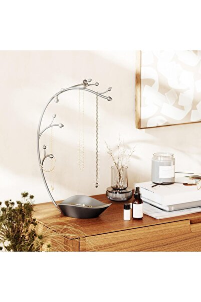 umbra Orchid Jewelry Organizer & Necklace Holder with Built-In Dish, Gun Metal