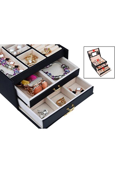 ZERIFAM 3-Layer Jewelry Box with Mirror, PU Leather Organizer, Removable Tray, 17.5x14x13cm Black