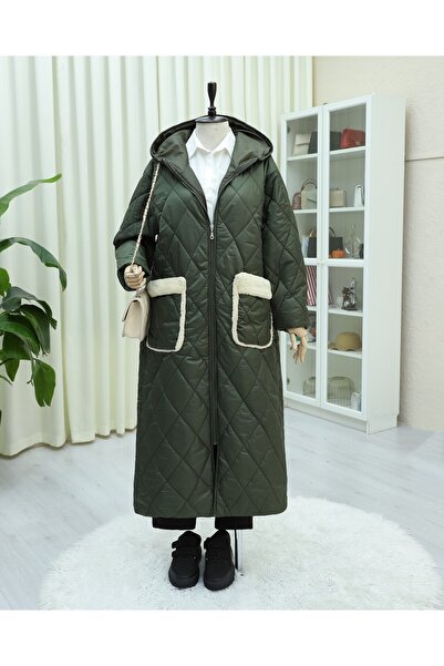 Modamorfo Long Quilted Coat with Pockets, Hood, Zipper and Lining - Khaki