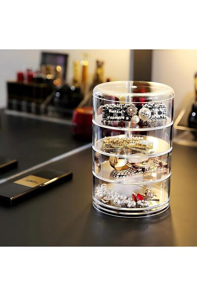 Aputue صندوق تخزين مجوهرات أكريليك شفاف دوار 360 درجة، منظم بأربع طبقات