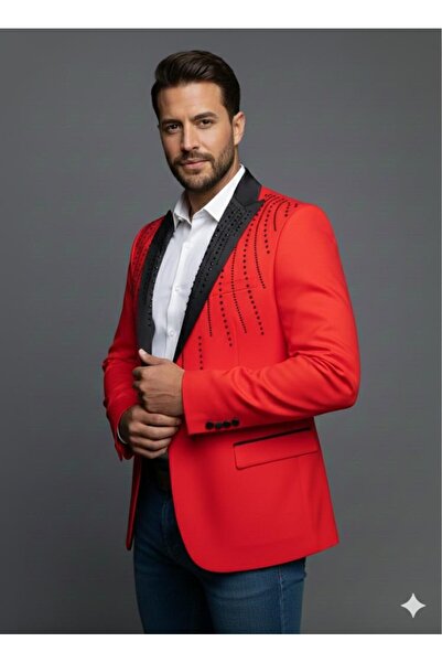 Plus Scorpion Jachetă neagră pentru bărbați cu rever din satin cu pietre aplicate – Design special, elegant, pentru mire și combinație de seară