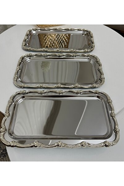 SEVA ÇELİK Stainless Steel 6 Pcs Large Baton Silver Frame Presentation Tray