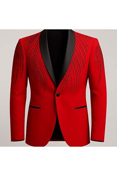 Plus Scorpion Jachetă neagră pentru bărbați cu rever din satin cu pietre aplicate – Design special, elegant, pentru mire și combinație de seară