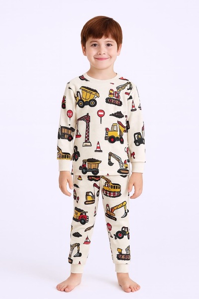 Şekerkids Boy's Cotton Two-Thread Sh Fleece-Lined Cream Color Work Machine Patterned Pajama Set