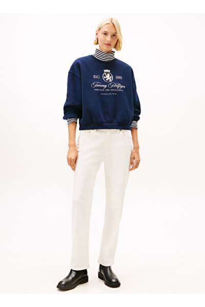 Tommy Hilfiger Yuvarlak Yaka Baskılı Mavi Kadın Sweatshırt WW0WW46128C1G