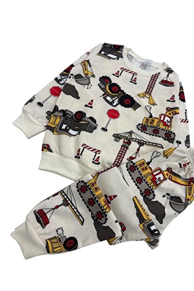 Şekerkids Boy's Cotton Two-Thread Sh Fleece-Lined Cream Color Work Machine Patterned Pajama Set