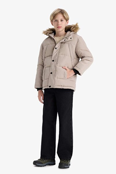 DeFacto Момчешко палто с качулка, подплатено с полар и подвижен кант от изкуствена кожа E7417A825WN