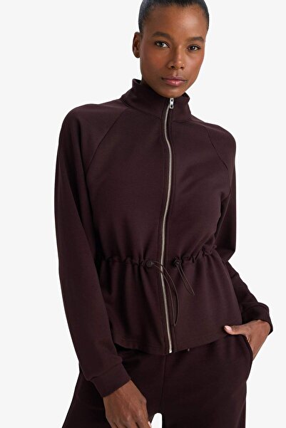 DeFacto Standard Fit Mock Neck Zippered Elastic Waist Soft Fuzzy Inside Modal Cardigan G4368Ax25Wn