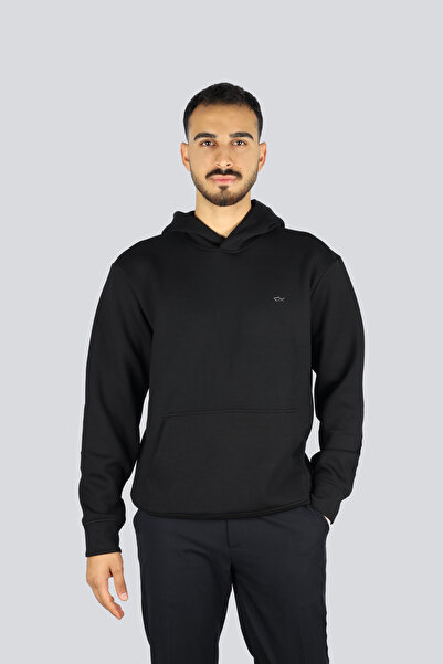 PAUL&SHARK Men's Regular Fit Hooded Collar Shark Logo Detailed Long Sleeve Black-Silver Sweatshirt 15311851-11D