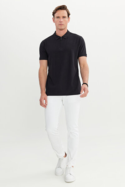 ALTINYILDIZ CLASSICS Men's Black Cotton Slim Fit Slim Fit Polo Neck Flexible T-Shirt