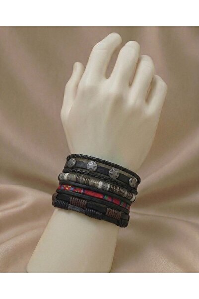 Lunarie Erkek Çoklu Deri Bileklik Seti – Yıldız Detaylı Örgü Deri – Ayarlanab...