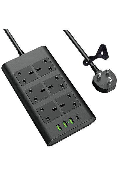 HYX شريط طاقة بريطاني 20 وات USB-C بستة منافذ مع 4 منافذ USB وكابل بطول 2 متر ومحمي من زيادة التيار