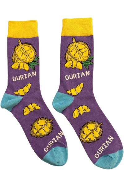 golden pineapple Dorian Fruit Pattern Cotton Socks - Purple with Yellow & Turquoise Accents