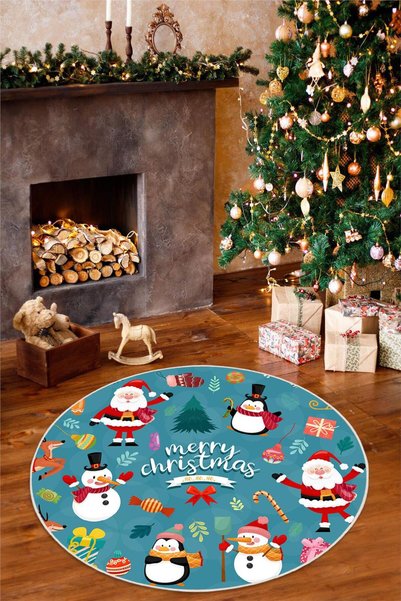 Pelura Halı Dijital Baskılı Kaymaz Tabanlı Yıkanabilir Mavi Yuvarlak Noel Halısı