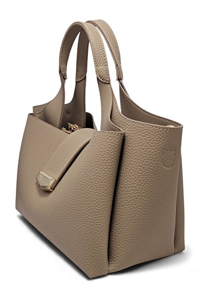 Evident Sand Beige Lock Detailed Soft Textured Multi-Compartment Women's Hand and Crossbody Shoulder Bag