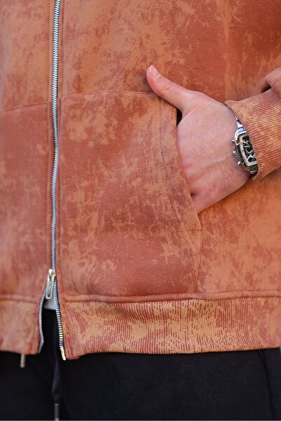 Madmext Brown Double-Zipper Tie-Dye Patterned Men's Sweater E7175