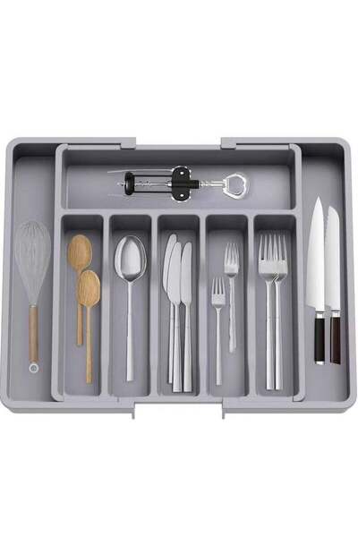 Beauenty منظم أدراج أدوات المائدة القابل للتمدد والتعديل - حامل أدوات المائدة الفضية