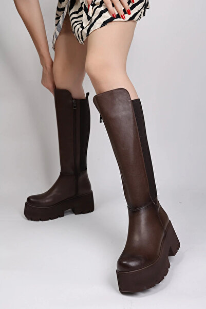 elvinshoes Kadın Kahve Arkası Esnek Çizme