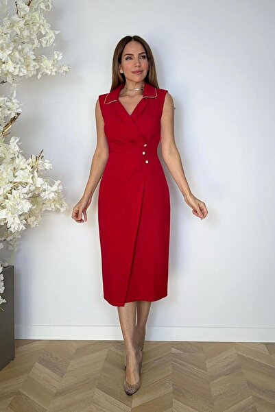 gesmoda G1022 Collar and Sleeve Stone Detailed Design Dress Red